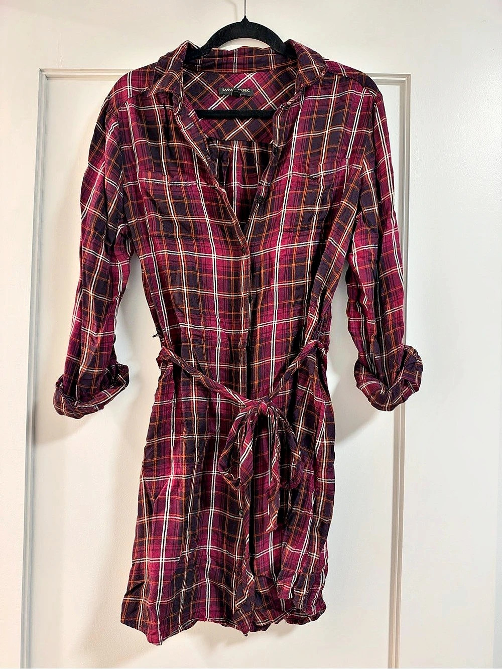 Banana Republic Plaid Button-Front Shirt Dress with Self-Tie Belt Purple & Red